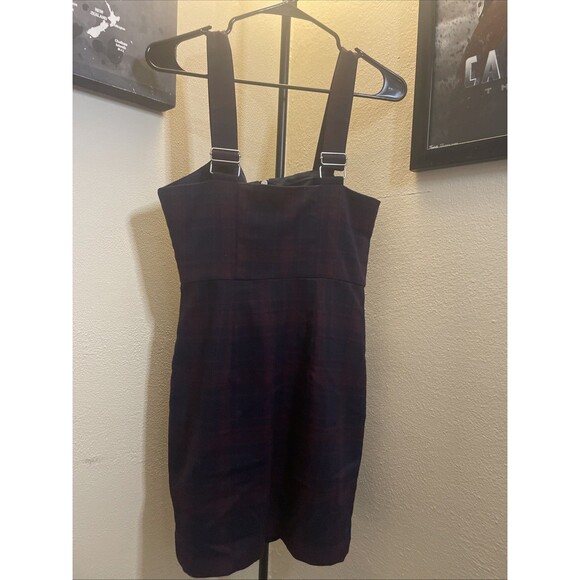 Forever 21 Navy Blue Red Plaid Front Zip Mini Overall Dress Sz Small Sleeveless - Picture 4 of 8
